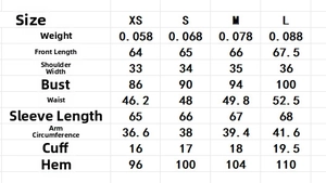 Detailed size chart for lace collar lantern sleeve blouse showing measurements in centimeters