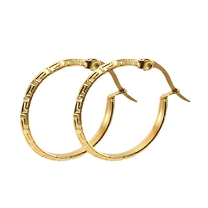 Polished 18K gold-plated stainless steel hoop earrings with classic Greek key pattern