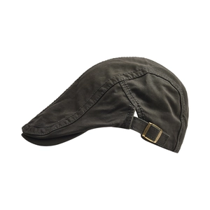 Detail view of cotton ivy cap with side metal buckle and vintage stitching texture