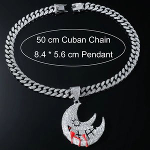 Hip hop moon pendant necklace with iced out rhinestones and 50cm cuban chain