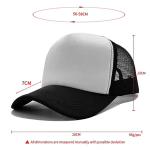 Black and white mesh trucker hat with adjustable snapback and size measurements shown