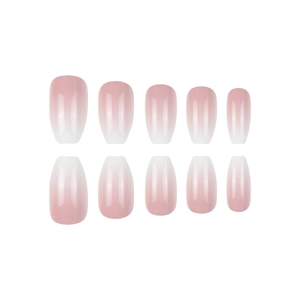 Glossy pink and white ombre gradient coffin press-on nails set with 10 pieces