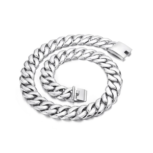 Polished silver stainless steel thick Cuban link chain necklace for men on white background