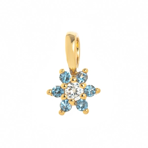 Golden flower pendant with light blue gemstones and central diamond on white background
