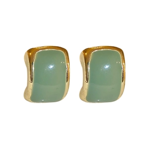Elegant geometric gold-plated stud earrings with green enamel inlay for women