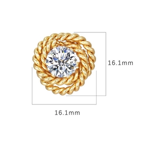 Retro gold twisted rope rose earring with round clear zircon, 16.1mm diameter
