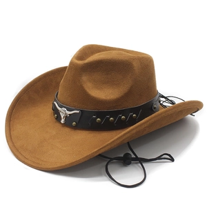 Brown faux suede western cowboy hat with silver bull head emblem and studded leather band