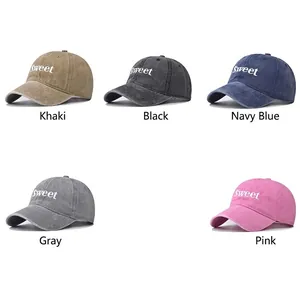 Vintage washed cotton baseball caps with Sweet embroidery in five assorted colors