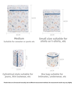 Size guide for mesh laundry bags showing dimensions for medium, small, cylinder, and bra styles