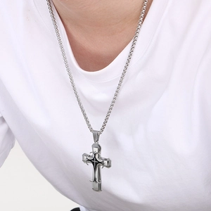 Men's silver stainless steel triple layer cross pendant necklace with heavy curb chain