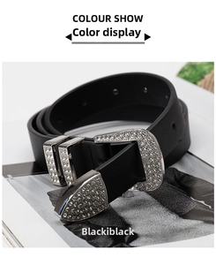 Close-up of black leather belt with rhinestone buckle in Y2K style on magazines