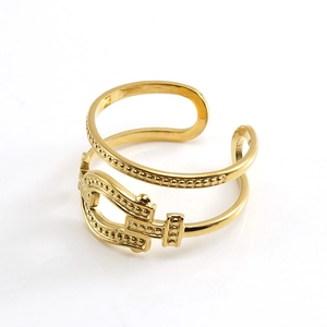 Golden double-layered open ring with equestrian buckle and beaded relief texture