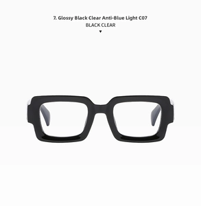 Close-up of glossy black thick-frame glasses with clear anti-blue light lenses, model C07