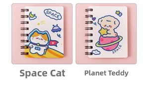 Detail view of A7 coil notebooks with cute space cat and astronaut puppy illustrations