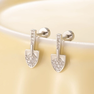 Unique shovel-shaped stainless steel cartilage studs with zircon stones and screw backs