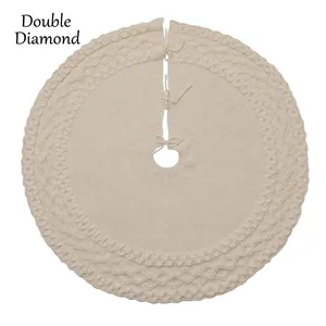 Off-white 48-inch knitted Christmas tree skirt with double small diamond pattern and ties
