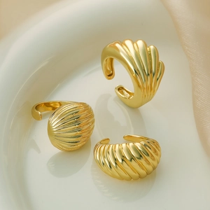 Adjustable Open Ring Gold Plated Copper Geometric Irregular Wave Texture Metallic Jewelry For Women High Polished