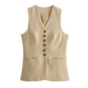 Women's V-neck slim khaki waistcoat with six-button design and faux pockets on white background