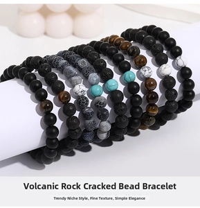 Macro view of beaded bracelets with volcanic rock, tiger eye, and turquoise on a stand