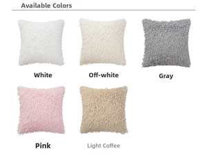 Detailed display of plush pillow covers in white, grey, pink, and light coffee faux fur