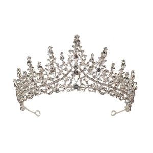 Royal style silver bridal tiara with sparkling rhinestones and pear-cut crystal center
