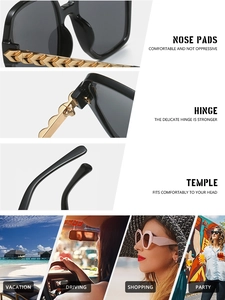 Detailed close-up of golden metal temples with decorative texture on black sunglasses