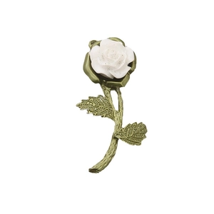 Realistic cream rose brooch with antique gold leaf stems and intricate carved textures