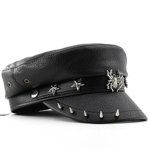 Flat top leopard punk hat with silver metal rivets, star studs and spider pendant