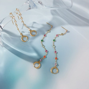 Elegant 18k gold plated stainless steel fringe earrings with colorful zircon stones