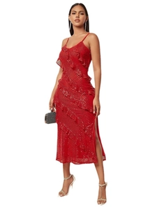 Elegant red sequin camisole maxi dress with tiered ruffles and side high slit