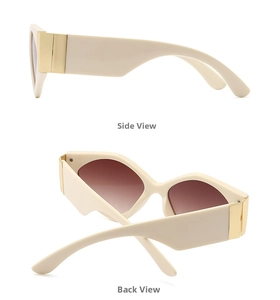 Detail view of cream thick frame sunglasses featuring golden hinges and gradient lenses