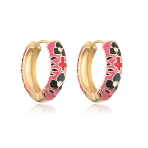 Detail of 18K gold-plated hoop earrings featuring colorful floral enamel patterns