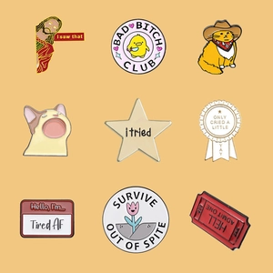 Set of nine creative enamel pins featuring cat memes and sarcastic geometric badge designs