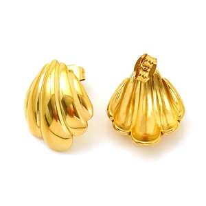 Elegant 18K gold plated stainless steel scallop shell stud earrings on white background