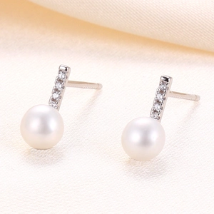 Elegant S925 silver bar earrings with white pearls and sparkling zircon accents