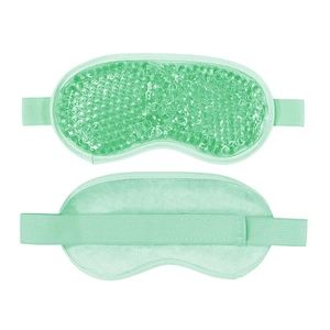 Dual-sided cooling gel bead eye mask in light green with soft plush backing and elastic strap
