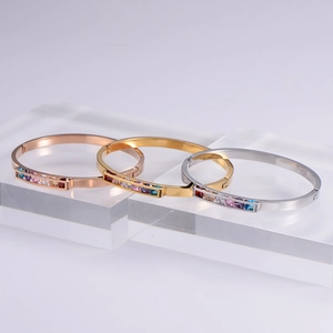 Three-piece stainless steel open bangle set in gold, rose gold and silver with zircon