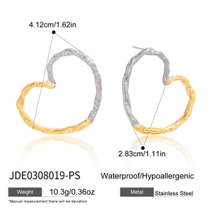 Detail of 18K gold and silver mixed heart earrings with lava texture on white background