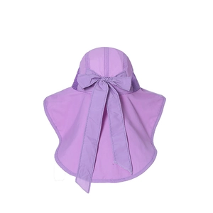 Detail of purple sun hat with wide brim, neck protection flap, and large decorative bow