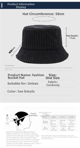 Detailed size chart for corduroy bucket hat showing brim, depth, and circumference measurements