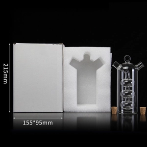 Leakproof glass oil dispenser set with two cork stoppers and packaging dimensions 215mm