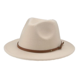 Detailed close-up of a cream wide brim felt fedora with a brown faux leather belt strap