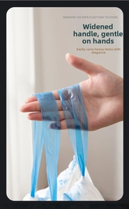 Detail of widened blue drawstring on white trash bag showing comfortable grip and strength
