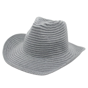 Grey knit fedora hat with rolled brim and western cowboy style for outdoor sun protection