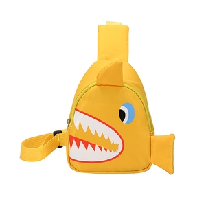 Bright yellow cartoon shark crossbody chest bag for kids with 3D fins and adjustable strap