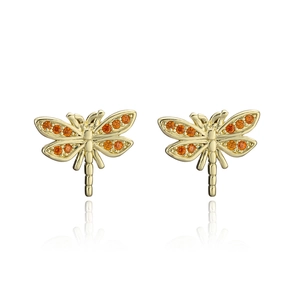 Macro view of gold-plated dragonfly earrings featuring vibrant orange zircon gemstones