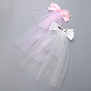 Elegant bow hair clip set with pink and white layered tulle veils for women