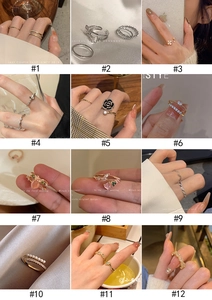 Collage of diverse elegant rings featuring pearls, bow knots and vintage floral designs