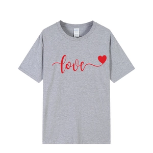 Light gray cotton short sleeve T-shirt featuring a red cursive love heart graphic design