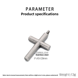 Detailed view of matte stainless steel cross pendant showing 45x29mm dimensions